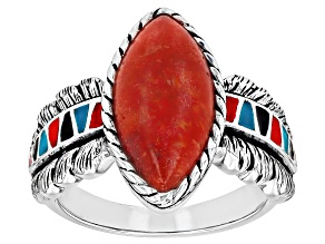 Red Sponge Coral & Multi-Color Enamel Sterling Silver Ring 16x8mm