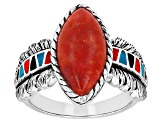 Red Sponge Coral & Multi-Color Enamel Sterling Silver Ring 16x8mm