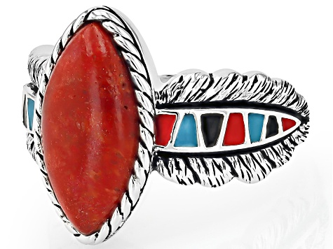 Red Sponge Coral & Multi-Color Enamel Sterling Silver Ring 16x8mm