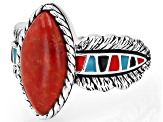 Red Sponge Coral & Multi-Color Enamel Sterling Silver Ring 16x8mm