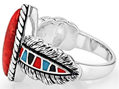 Red Sponge Coral & Multi-Color Enamel Sterling Silver Ring 16x8mm