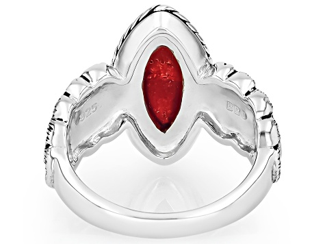 Red Sponge Coral & Multi-Color Enamel Sterling Silver Ring 16x8mm