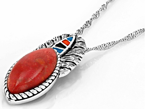 18x9mm Red Sponge Coral & Multi-Color Enamel Sterling Silver Pendant With Chain