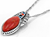 18x9mm Red Sponge Coral & Multi-Color Enamel Sterling Silver Pendant With Chain