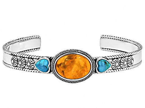 16x12mm Orange Sponge Coral With 6mm Blue Composite Turquoise Sterling Silver Cuff Bracelet