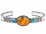 16x12mm Orange Sponge Coral With 6mm Blue Composite Turquoise Sterling Silver Cuff Bracelet