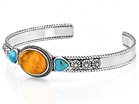 16x12mm Orange Sponge Coral With 6mm Blue Composite Turquoise Sterling Silver Cuff Bracelet