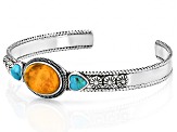 16x12mm Orange Sponge Coral With 6mm Blue Composite Turquoise Sterling Silver Cuff Bracelet