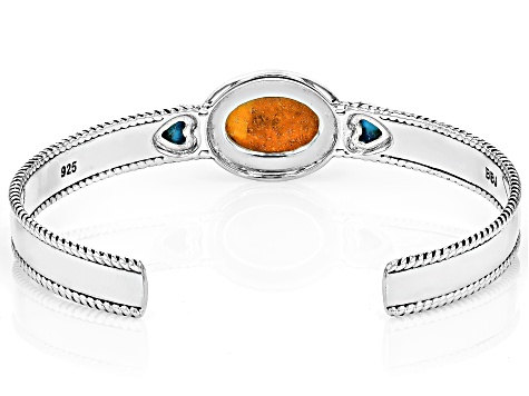 16x12mm Orange Sponge Coral With 6mm Blue Composite Turquoise Sterling Silver Cuff Bracelet