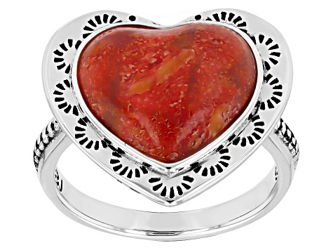 13x12mm Sponge Red Coral Sterling Silver Heart Ring - SWE3871 | JTV.com