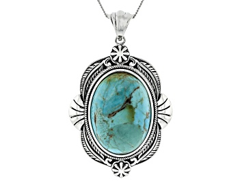 Picture of 25x18mm Blue Composite Turquoise Sterling Silver Statement Pendant With Chain