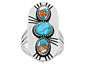 Blended Kingman Turquoise & Spiny Oyster Shell Sterling Silver 3-Stone Ring