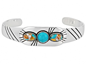 Blended Kingman Turquoise & Spiny Oyster Shell Sterling Silver 3-Stone Cuff Bracelet