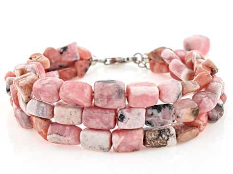 3-Strand Pink Nugget Rhodochrosite Rhodium Over Sterling Silver Bracelet