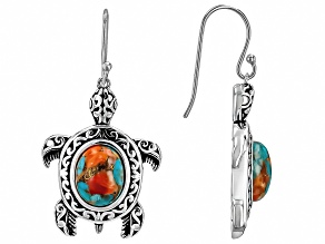 Blended Orange Spiny Oyster & Blue Turquoise Silver Turtle Earrings 10x8mm