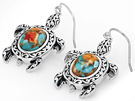 Blended Orange Spiny Oyster & Blue Turquoise Silver Turtle Earrings 10x8mm