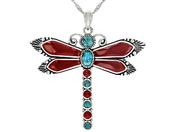 Picture of Blue Composite Turquoise & Red Enamel Sterling Silver Dragonfly Pendant With 18" Chain