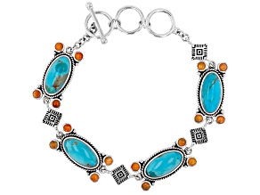 Blue Composite 16x7mm Kingman Turquoise & 3mm Spiny Oyster Shell Sterling Silver Station Bracelet