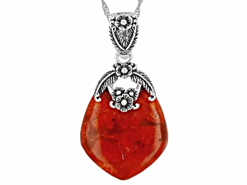 Picture of Red Sponge Coral Sterling Silver Enhancer Pendant With 18" Singapore Chain 25x22mm