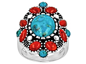 Blue Composite Turquoise & Red Sponge Coral Sterling Silver Statement Ring 12x10mm