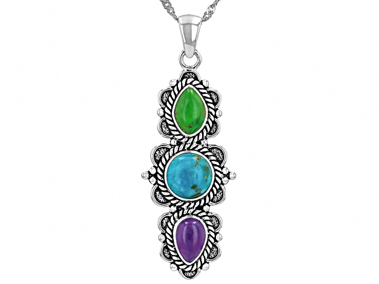 Multi-Color Composite Turquoise Sterling Silver Pendant With 18" Singapore Chain 8mm
