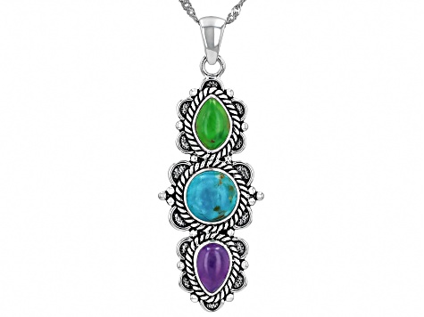 Multi-Color Composite Turquoise Sterling Silver Pendant With 18" Singapore Chain 8mm