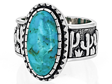 Blue Composite Turquoise Sterling Silver Cactus Motif Ring 16x8mm