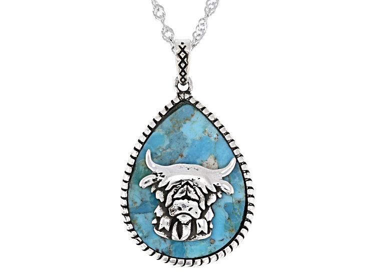 Blue Composite Turquoise Sterling Silver Buffalo Pendant With 18.0" Singapore Chain 20x15mm