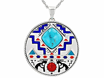Picture of 10mm Blue Composite Turquoise, 5mm Sponge Coral, Enamel Sterling Silver Medallion Pendant With Chain
