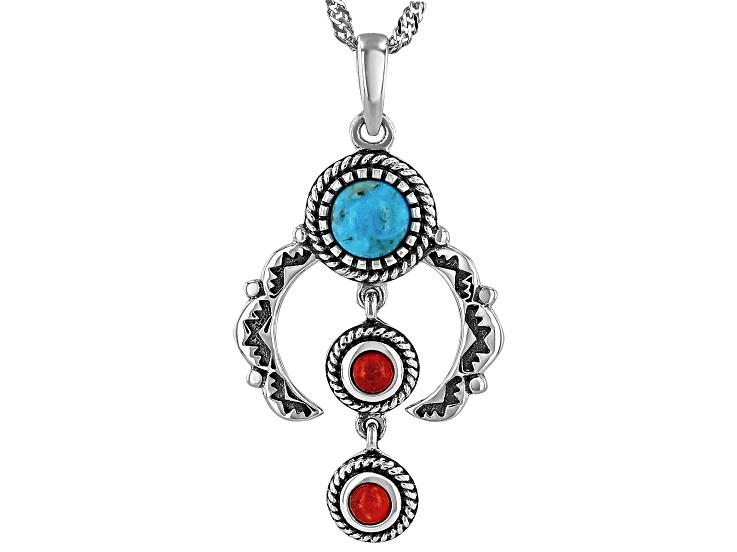 10mm Blue Composite Turquoise & 5mm Red Coral Sterling Silver Squash Blossom Pendant With 18" Chain