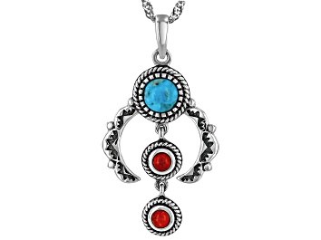 Picture of 10mm Blue Composite Turquoise & 5mm Red Coral Sterling Silver Squash Blossom Pendant With 18" Chain