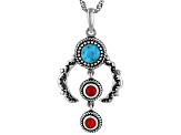 10mm Blue Composite Turquoise & 5mm Red Coral Sterling Silver Squash Blossom Pendant With 18" Chain