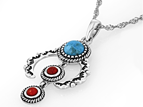 10mm Blue Composite Turquoise & 5mm Red Coral Sterling Silver Squash Blossom Pendant With 18" Chain