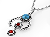 10mm Blue Composite Turquoise & 5mm Red Coral Sterling Silver Squash Blossom Pendant With 18" Chain