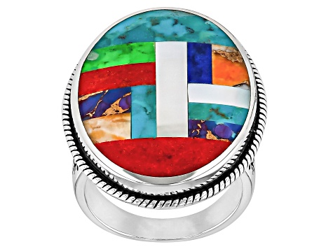Turquoise With Multi-Stone Sterling Silver Inlay Ring