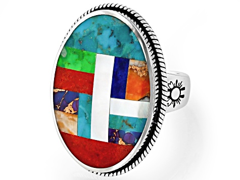 Turquoise With Multi-Stone Sterling Silver Inlay Ring
