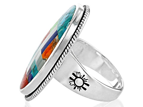 Turquoise With Multi-Stone Sterling Silver Inlay Ring