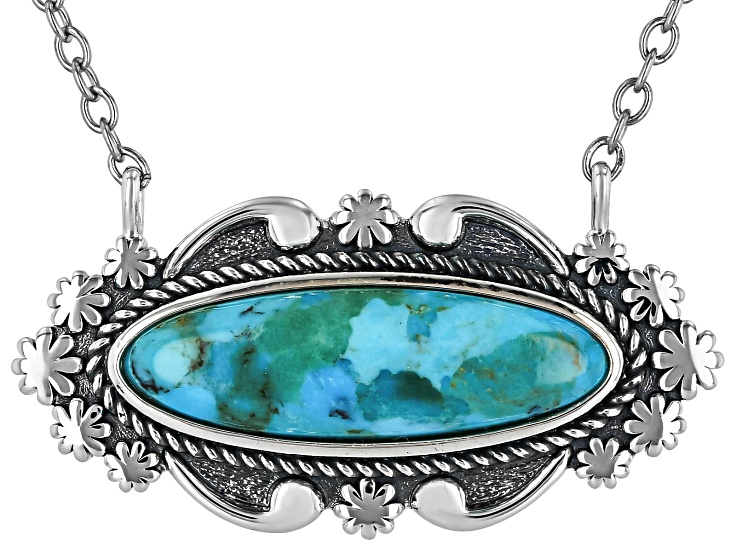 Blue Composite Turquoise Sterling Silver Bar Cable Chain Necklace