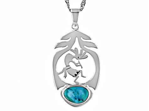 Blue Composite Turquoise Sterling Silver Kokopelli Motif Pendant With 18" Singapore Chain