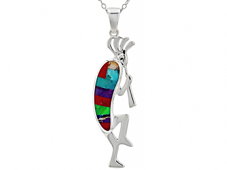 Multi-Color Composite Turquoise Sterling Silver Kokopelli Motif Pendant With 18" Cable Chain