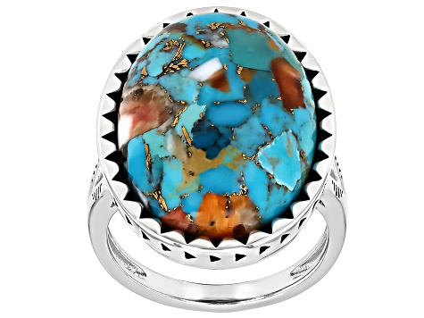 Blended Turquoise & Spiny Oyster Shell Sterling Silver Ring 22x16mm