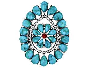 Blue Composite Turquoise & Coral Accent Sterling Silver Cluster Ring, 6x4mm