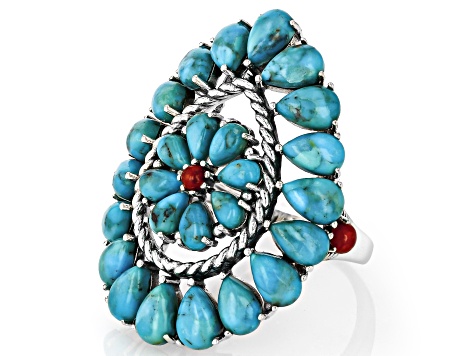 Blue Composite Turquoise & Coral Accent Sterling Silver Cluster Ring, 6x4mm