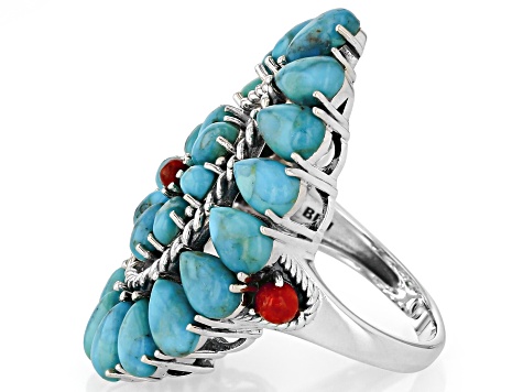 Blue Composite Turquoise & Coral Accent Sterling Silver Cluster Ring, 6x4mm