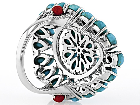 Blue Composite Turquoise & Coral Accent Sterling Silver Cluster Ring, 6x4mm