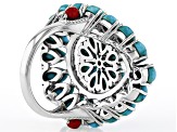 Blue Composite Turquoise & Coral Accent Sterling Silver Cluster Ring, 6x4mm
