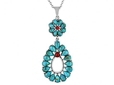 Blue Composite Turquoise & Coral Accent Sterling Silver Pendant With 18" cable Chain, 6x4mm
