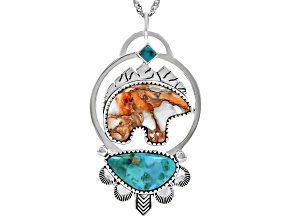 Green Composite Turquoise & Spiny Oyster Sterling Silver Bear Pendant With 18" Chain