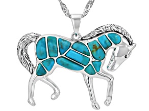 Composite Turquoise Sterling Silver Horse Pendant With 18" Singapore Chain