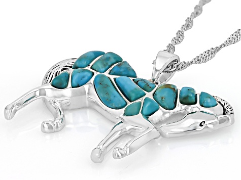 Composite Turquoise Sterling Silver Horse Pendant With 18" Singapore Chain